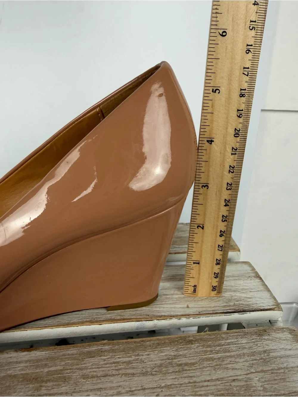 J.Crew Sylvia tan patent leather wedge glossy finish rounded toe size 8